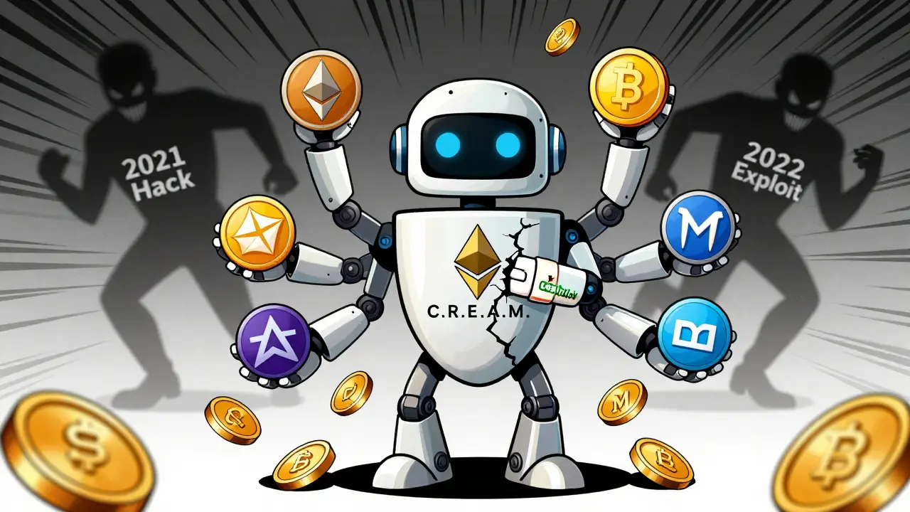 A six-armed C.R.E.A.M. Finance robot patching a smart contract while blocking past hacks, surrounded by blockchain symbols and lending tokens.