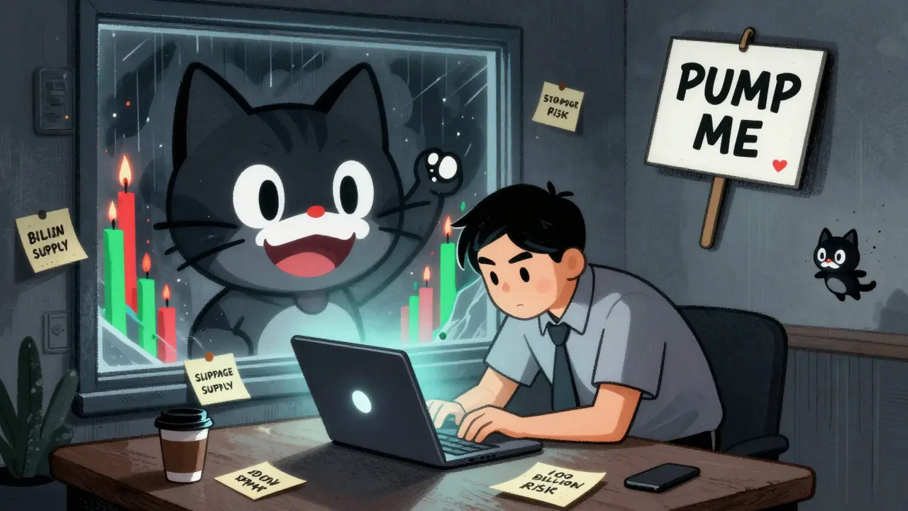A trader surrounded by crypto warnings, with a CatDog mascot on screen as chaotic price charts rage outside the window.