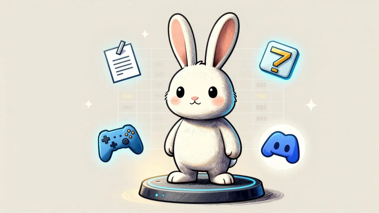 A unique hand-drawn KAKA-rabbit NFT on a digital pedestal, surrounded by gaming, voting, and staking icons.