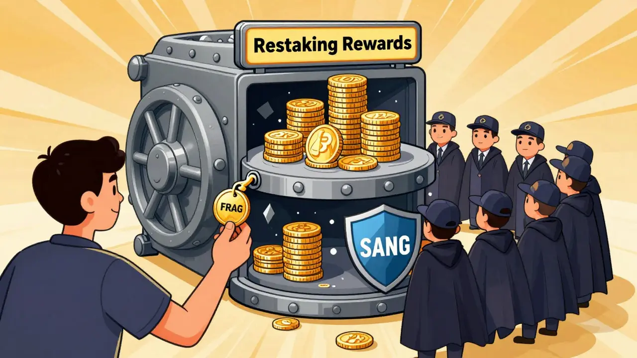A user unlocks a vault of Solana staking, MEV, and NCN rewards with a FRAG token, guarded by validator heroes in a SANG shield.