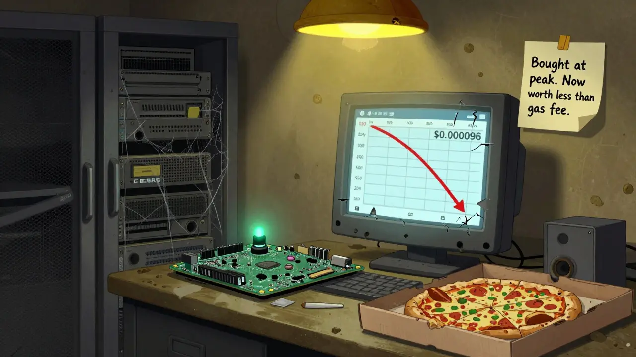 An abandoned server room with a single blinking FLRBRG LED, a plummeting price chart on a cracked monitor.