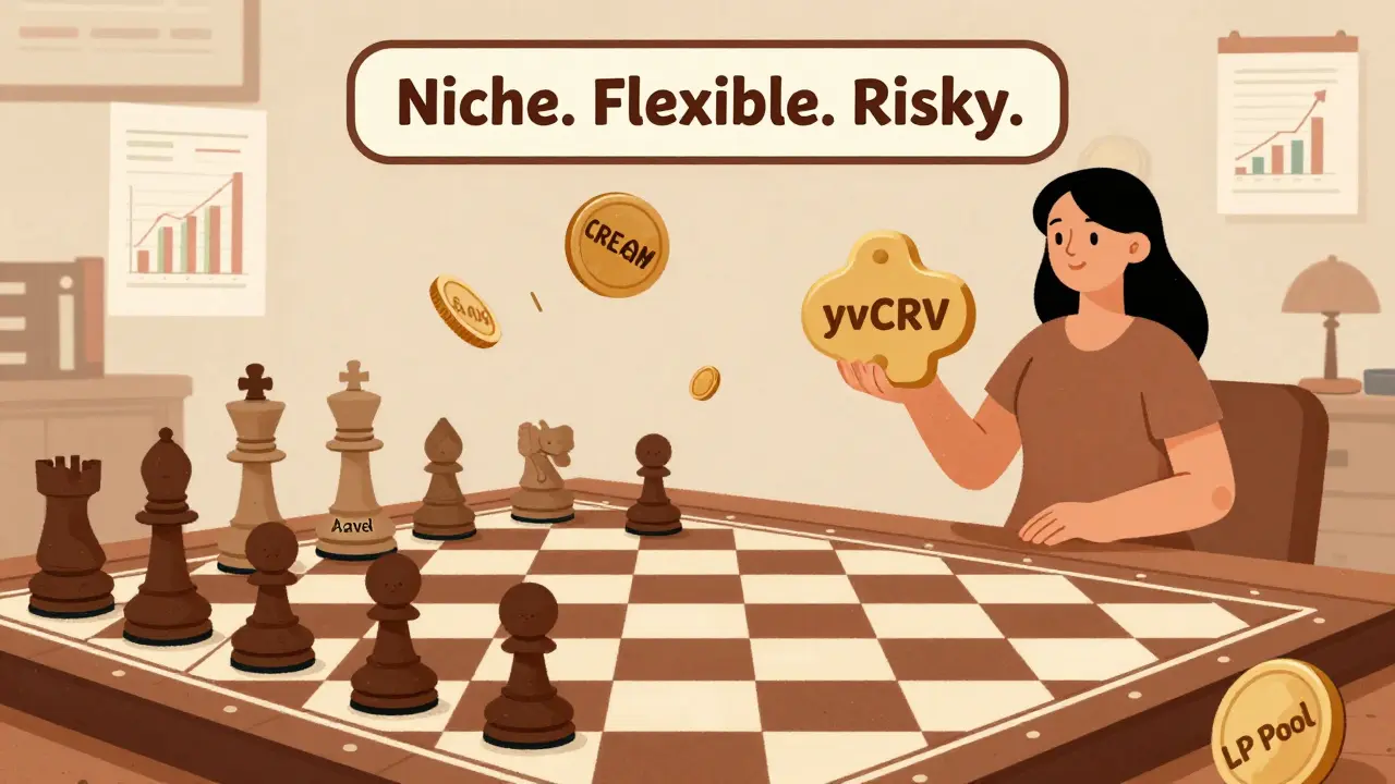 C.R.E.A.M. Finance as a chess queen holding unusual crypto tokens, outmaneuvering simpler competitors on a board with market data floating above.