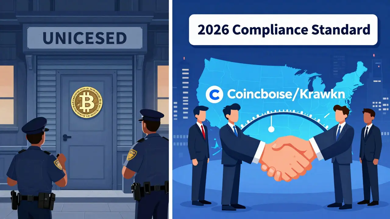 Contrast between a shut-down unlicensed crypto business and a compliant, thriving licensed firm in 2026.