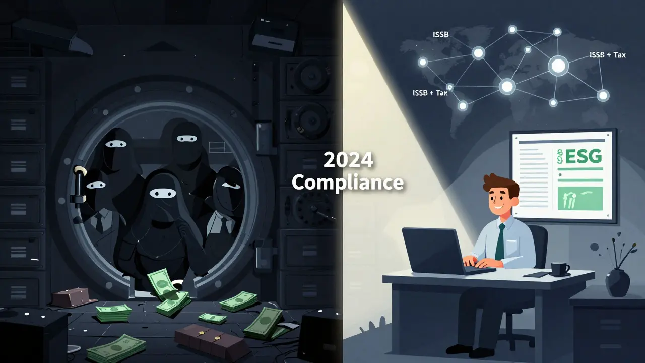 Contrast between hidden tax evasion and modern transparent financial reporting with sustainability integration.