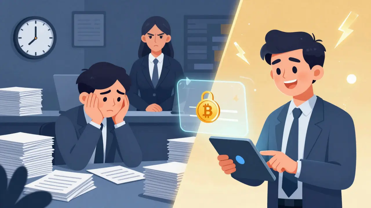 Contrast between stressful traditional loan process and simple, empowering DeFi borrowing.