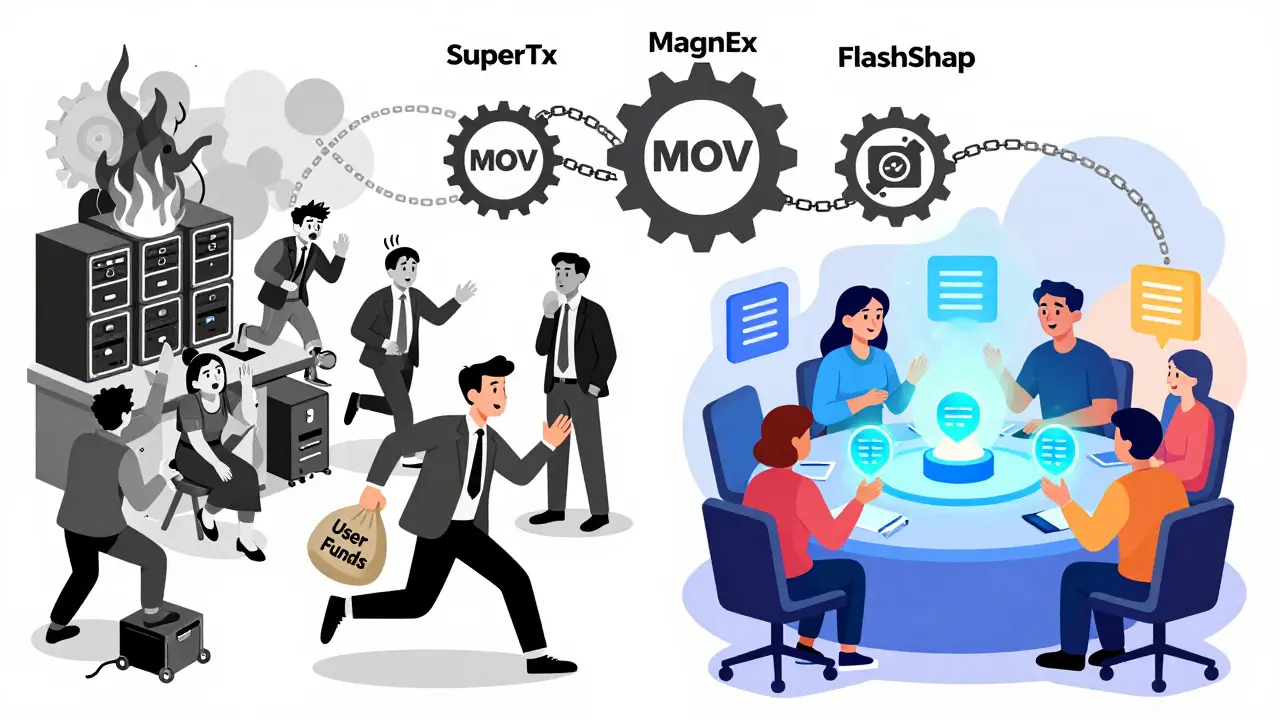 Contrasting scene: chaotic centralized exchange collapsing on one side, calm decentralized trading hub glowing on the other, with MOV protocols as interconnected gears.