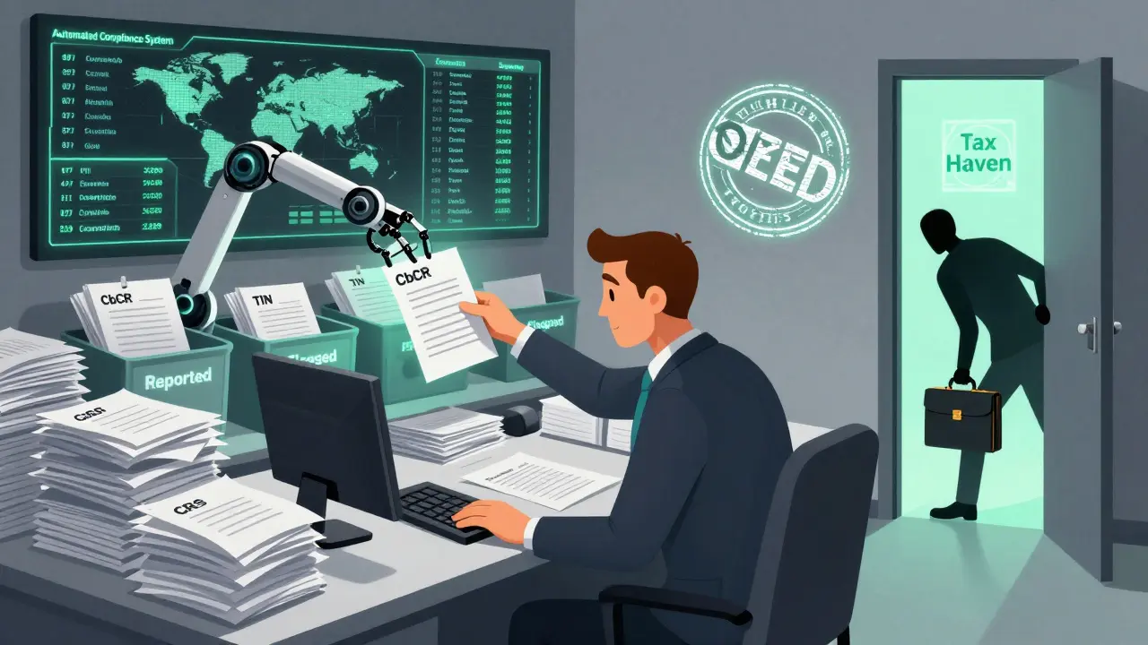 Corporate executive managing automated tax compliance dashboard with real-time international reporting data.