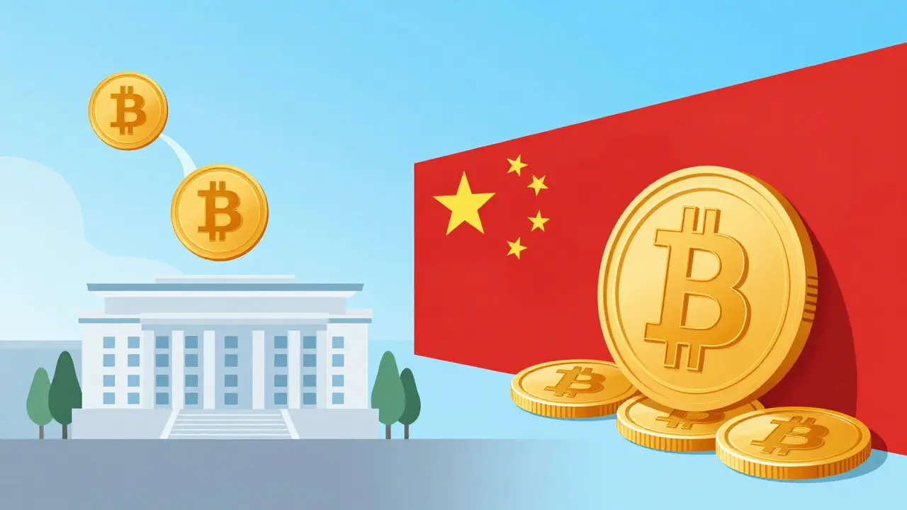 Digital yuan flowing smoothly versus Bitcoin blocked by prohibition symbol.