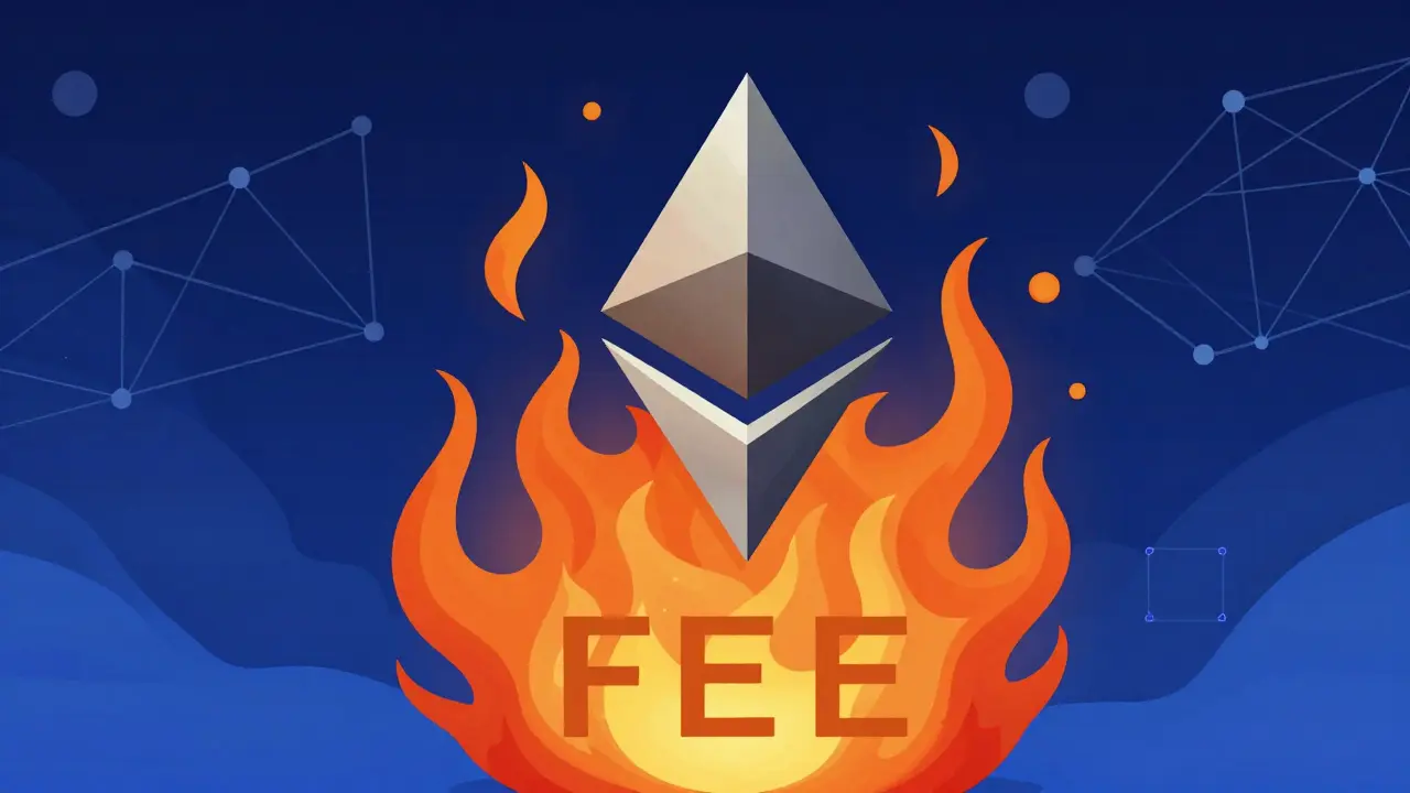 Ethereum transaction fees burning in a smart contract with blockchain network.