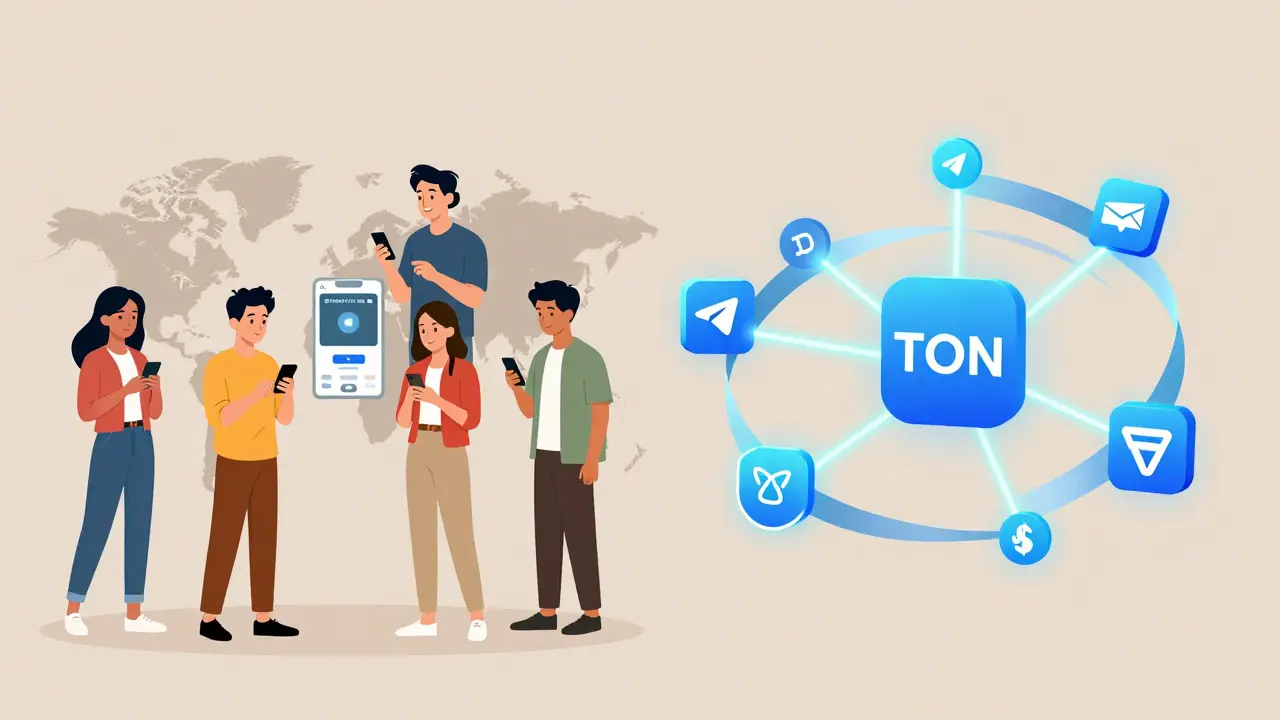 People in different countries using phones to interact with Catton AI's Telegram bot while blockchain networks glow around them.