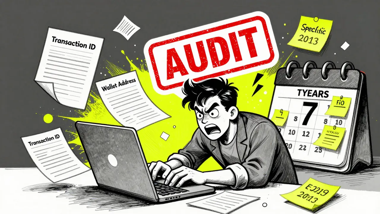 Person overwhelmed by crypto transaction records under an audit stamp