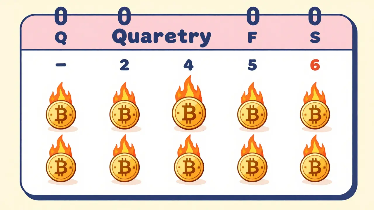 Quarterly calendar showing BNB tokens burning in four sections.