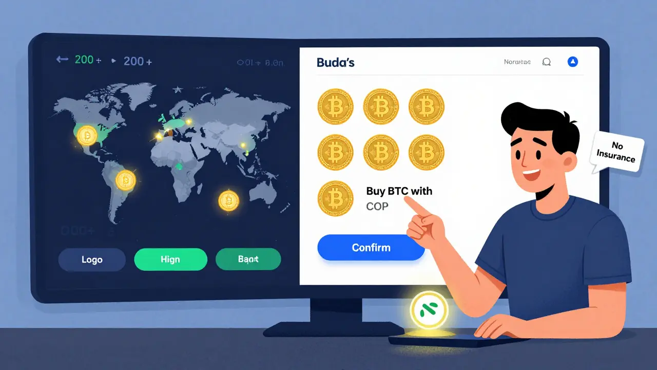 Side-by-side comparison: Buda’s simple interface with six coins versus a chaotic global exchange with hundreds of coins.