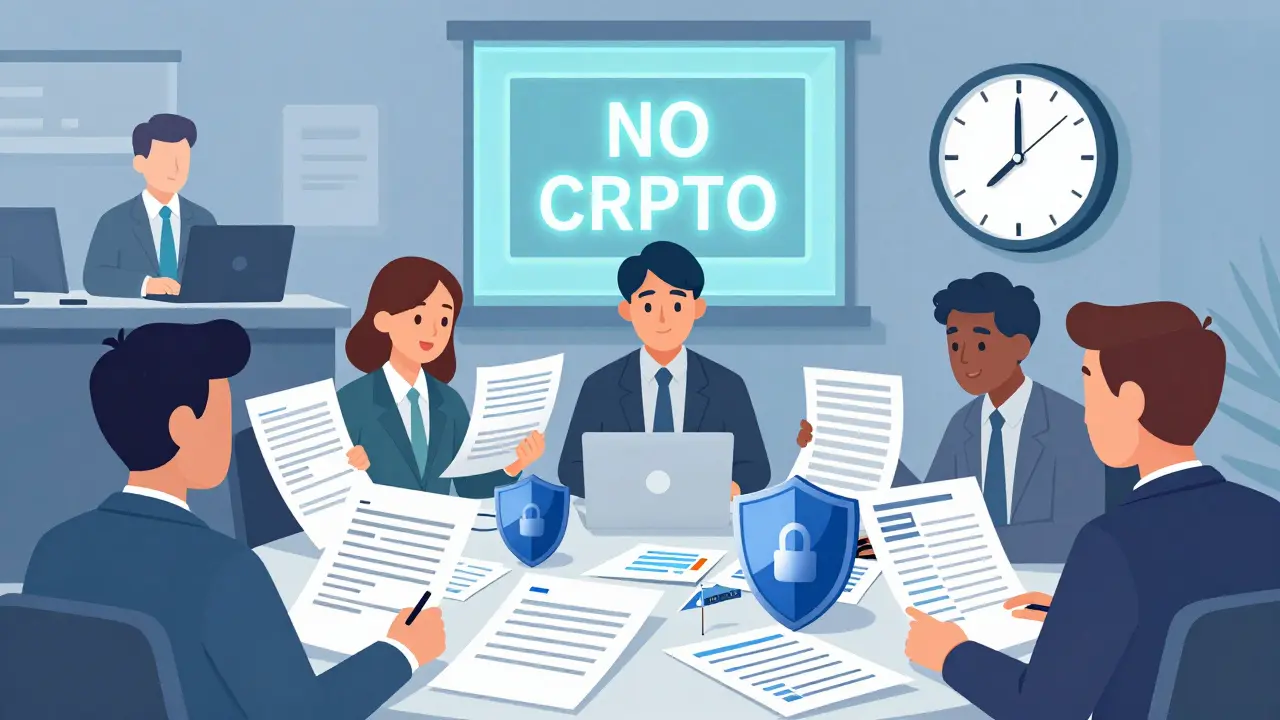 Startup team overwhelmed by legal documents and a locked bank window while seeking crypto licensing.