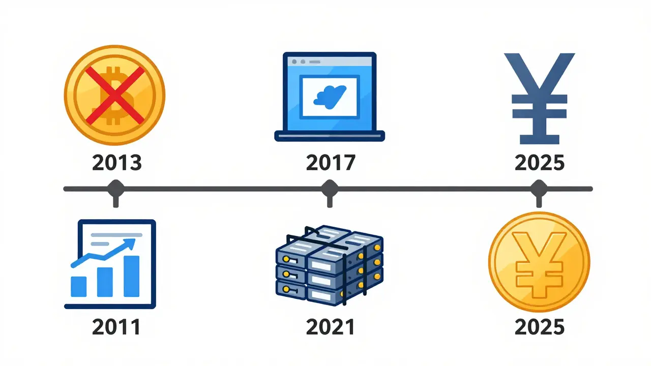 Timeline of China's crypto regulations with symbolic icons for each year.