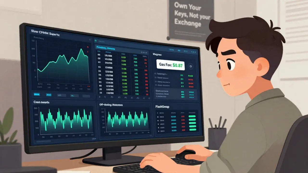 Trader at desk monitoring MOV Exchange dashboard with three trading modes visible, a low gas fee notification, and a poster saying 'Own Your Keys, Not Your Exchange'.