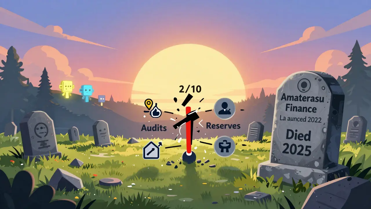Trust score meter at 2/10 with shattered icons, a gravestone for the failed exchange under distant glowing competitors.