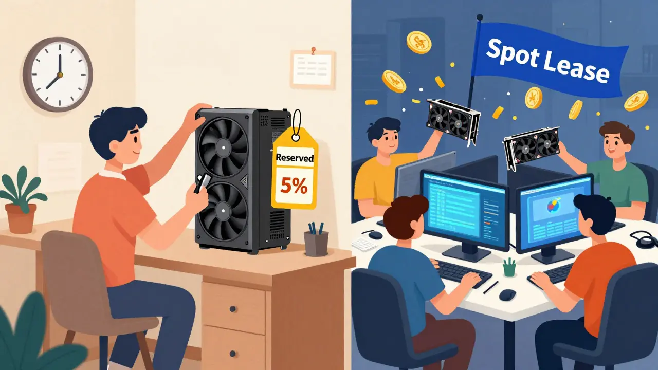Two rental models shown: reserved GPU with discount vs. auction-style spot leasing with bidding tokens.