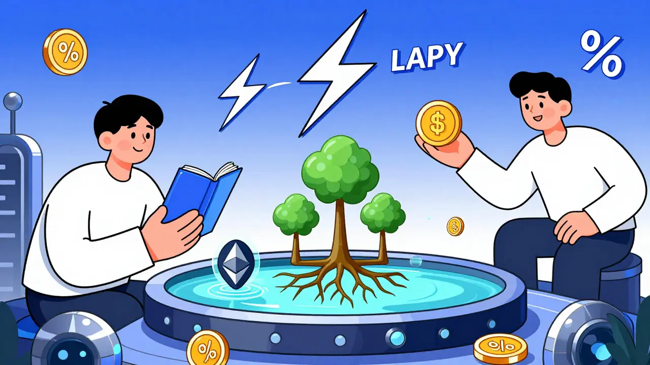 User yield farming with staked crypto and borrowed stablecoins generating growth, surrounded by flash loans.