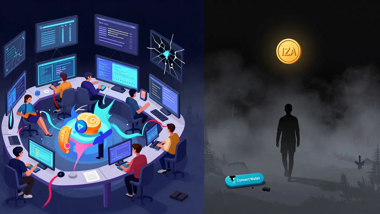 Vibrant active DEX contrasted with silent, broken Amaterasu Finance screen and a figure walking away.