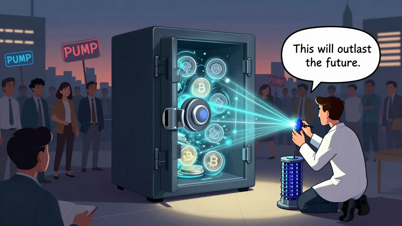 A 1980s fireproof safe transforms into a quantum crypto wallet, ignored by speculators but guarded by a technologist who understands its future value.
