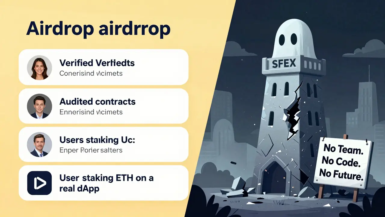 A bright, legitimate airdrop contrasts with a crumbling SFEX tower showing zero activity and no team.