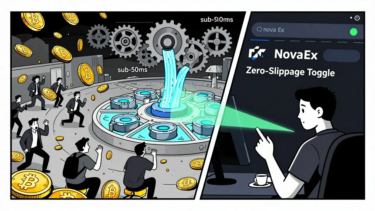 A calm trader activates zero-slippage on NovaEx while chaotic markets collapse around them, with liquidity pools feeding into a central hub.