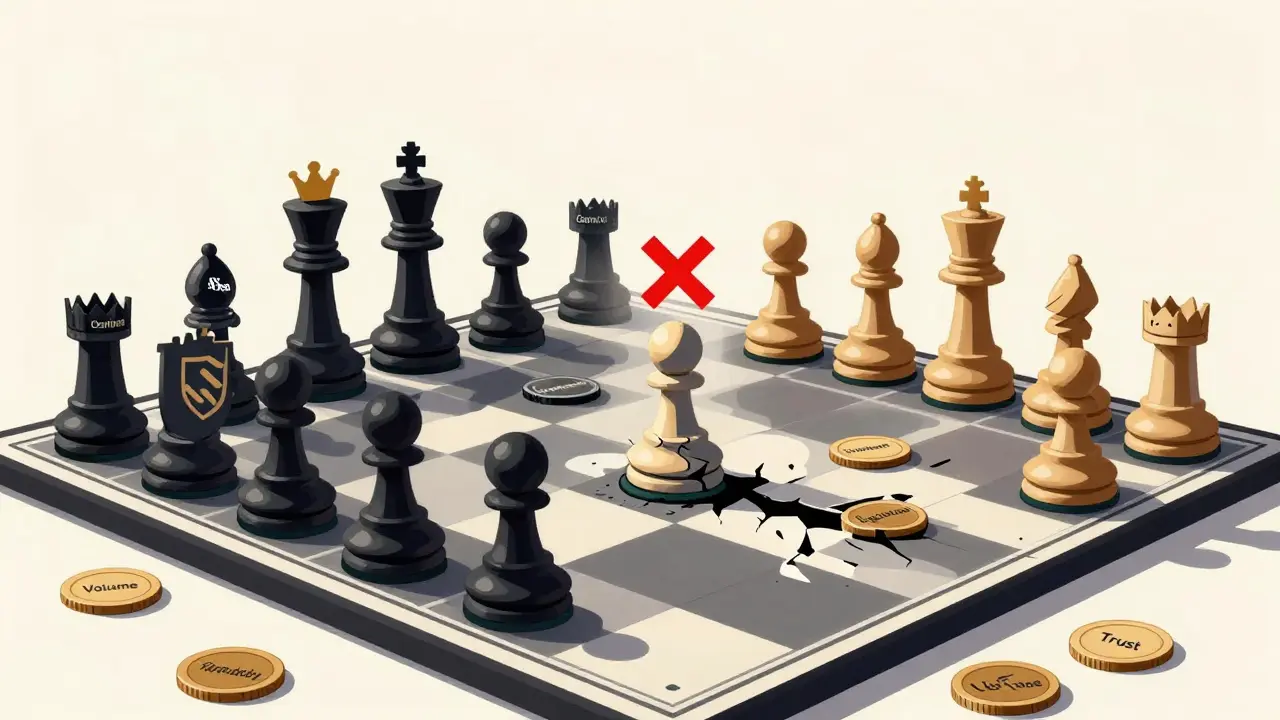 A chessboard with dominant exchange pieces versus a cracked CrossTower pawn, symbolizing its fall from relevance.