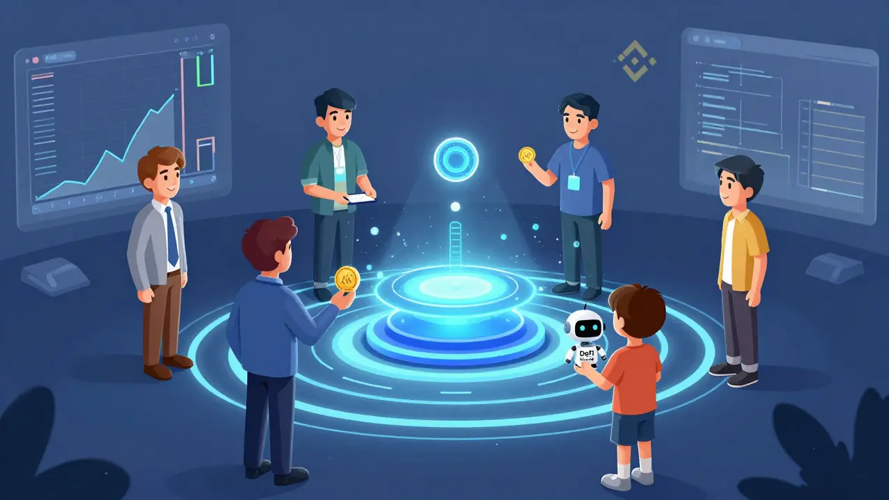 A community of users receiving KIM rewards from a glowing Mode network hub, with a child holding a DeFi robot symbolizing future growth.