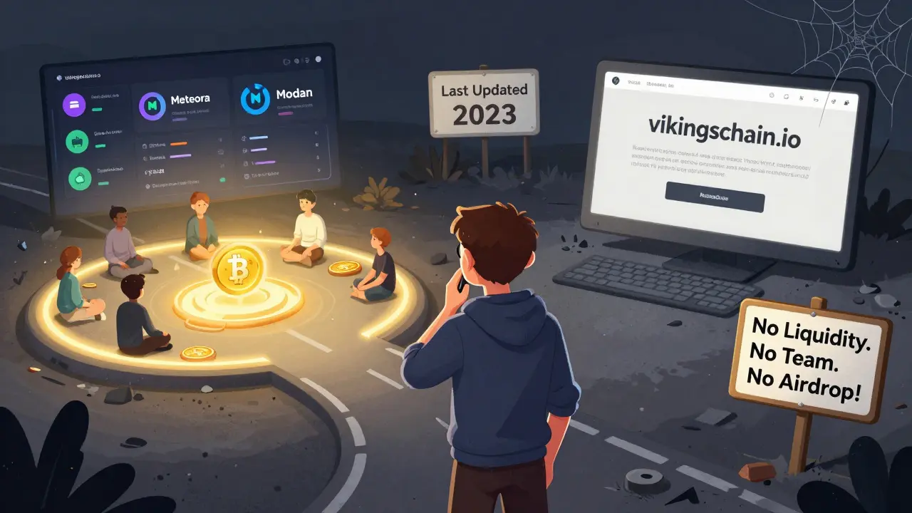 A crypto user chooses between a thriving blockchain ecosystem and an abandoned website labeled 'Last Updated 2023'.
