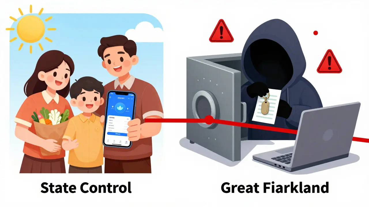 A family uses the digital yuan app happily on the left, while a shadowy figure hides a private key on paper under red warning symbols from the Great Firewall.