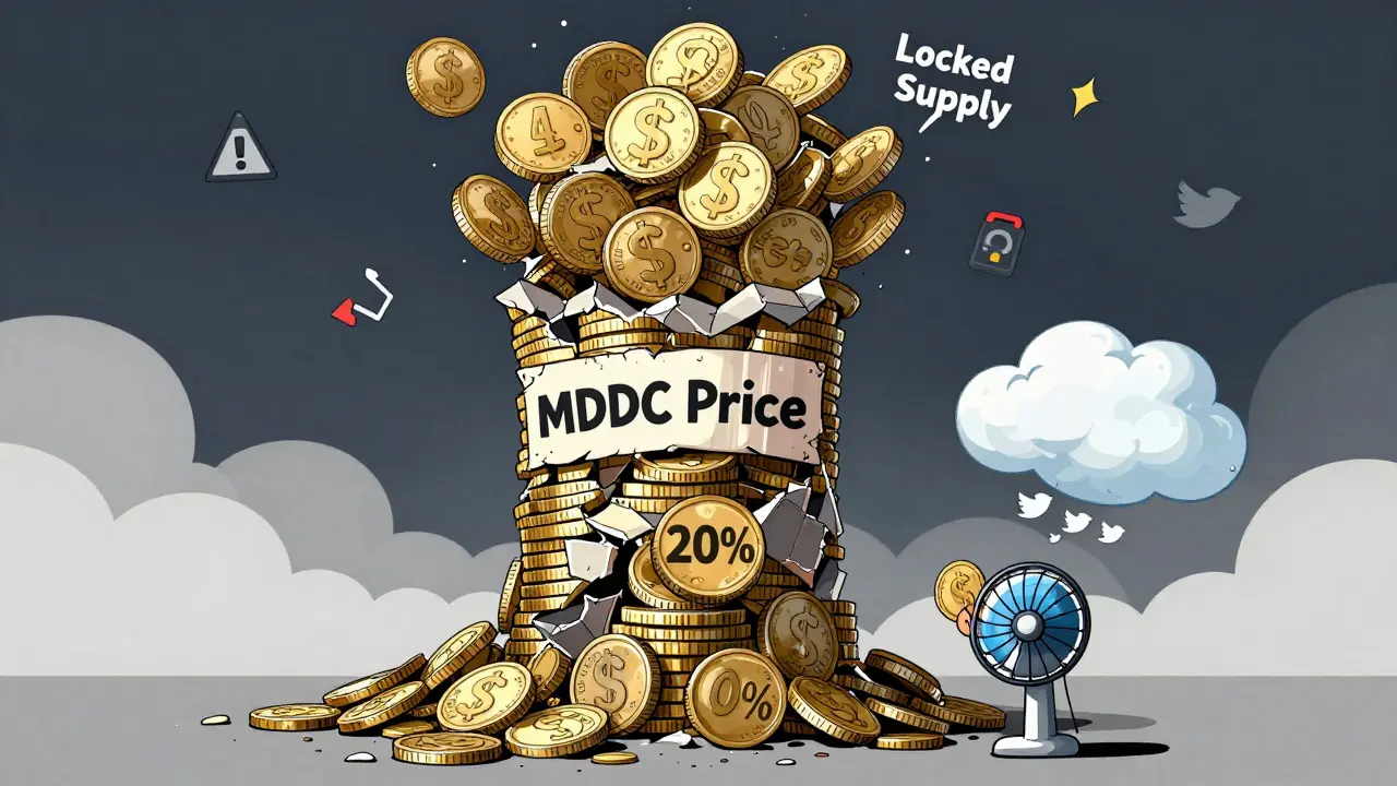 A fragile tower of Medodo Coin tokens showing limited circulating supply and massive locked supply above.