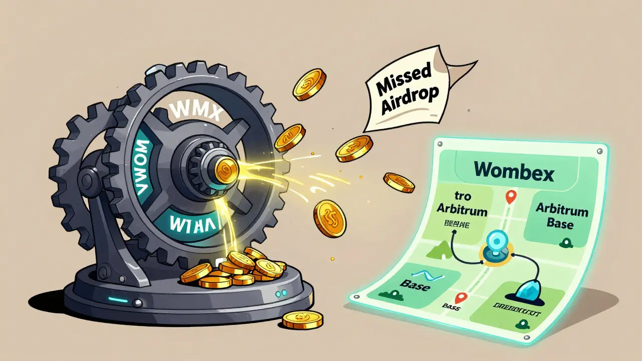 A futuristic yield engine turns with WMX and veWOM gears, as a missed airdrop paper blows away in the wind.