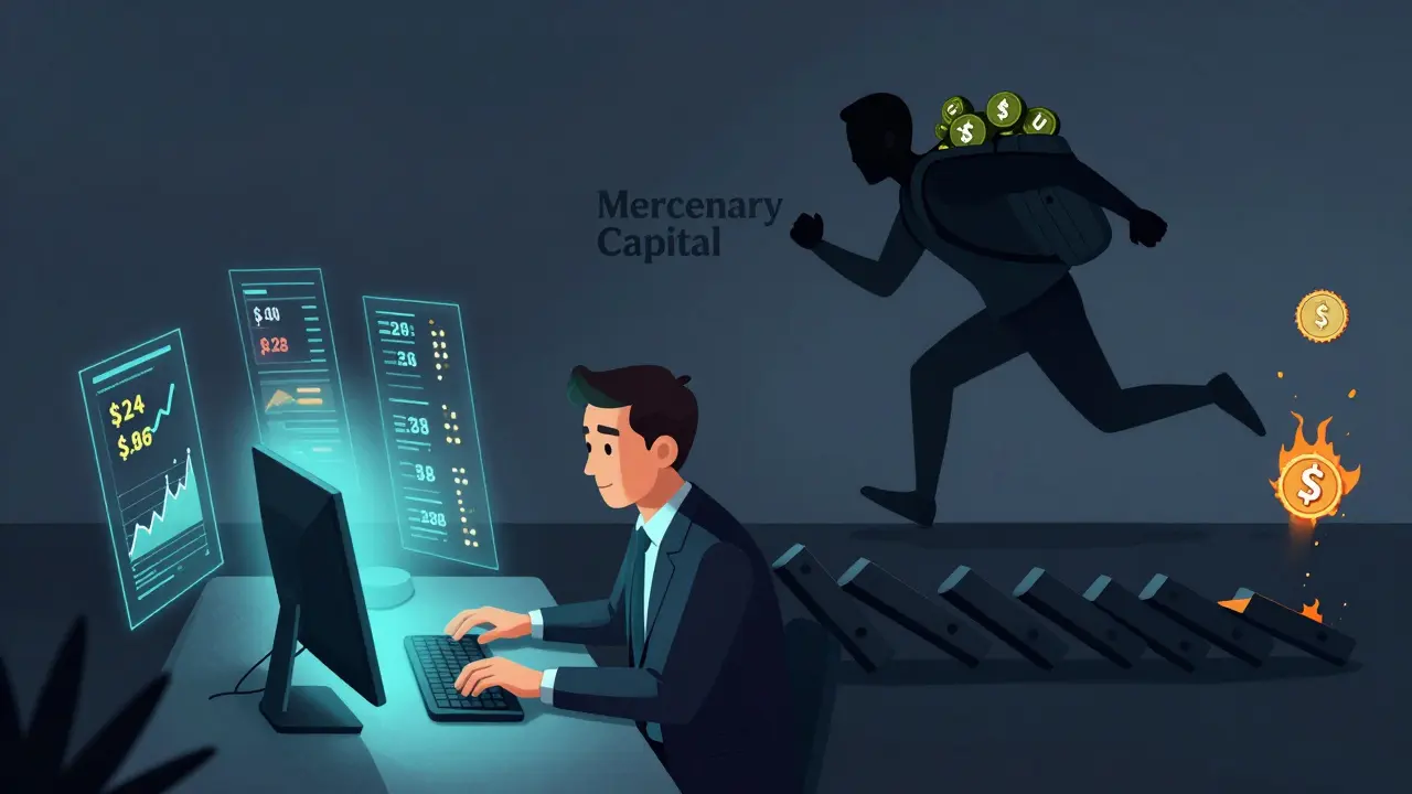 A lone investor watches token prices crash while mercenary capital flees with crypto funds.
