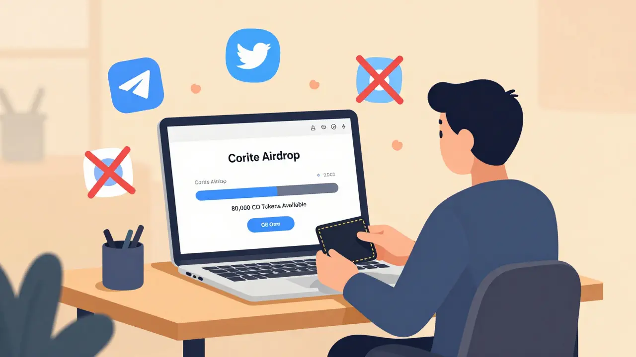 A person connecting a crypto wallet to a simple airdrop page with crossed-out social media icons.