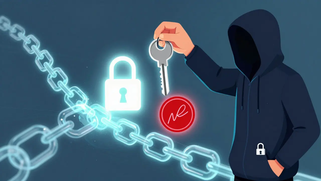 A person holding public and private keys, with blockchain transactions flowing behind them and a hacker being blocked by a digital signature seal.