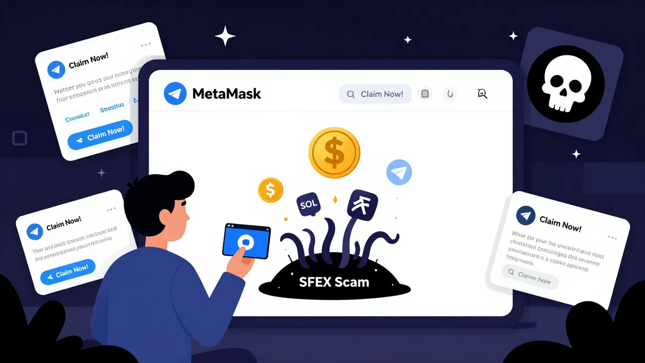 A phishing website drains crypto from a wallet as tentacles pull funds into a black hole labeled 'SFEX Scam'.