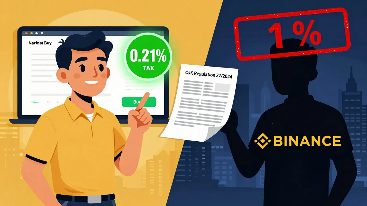 A split scene contrasting legal crypto trading with 0.21% tax on a local platform versus risky use of foreign exchanges with 1% tax penalty.