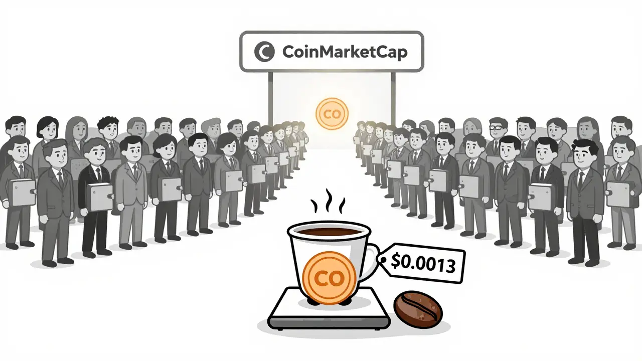 A tiny CO token next to a coffee cup, symbolizing its minimal value, with a crowd of wallets approaching a portal.