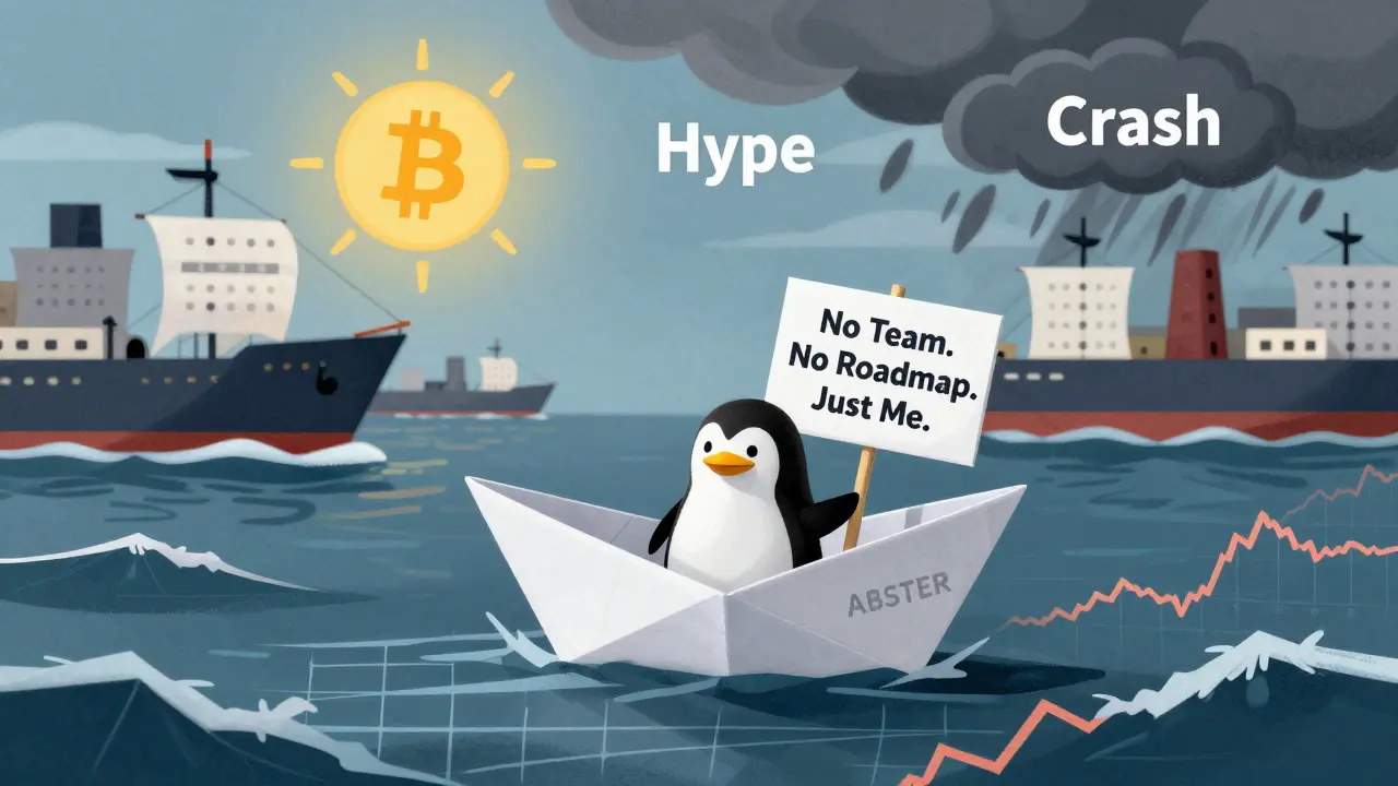 A tiny paper boat labeled ABSTER floats on a stormy sea of trading charts, with a penguin on board holding a sign.
