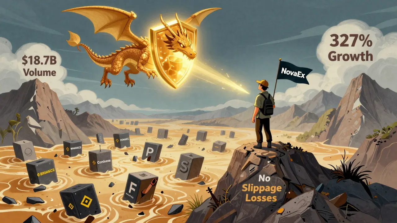 A trader stands on a peak labeled 'No Slippage' with a dragon shielding them, as other exchanges sink into quicksand below.