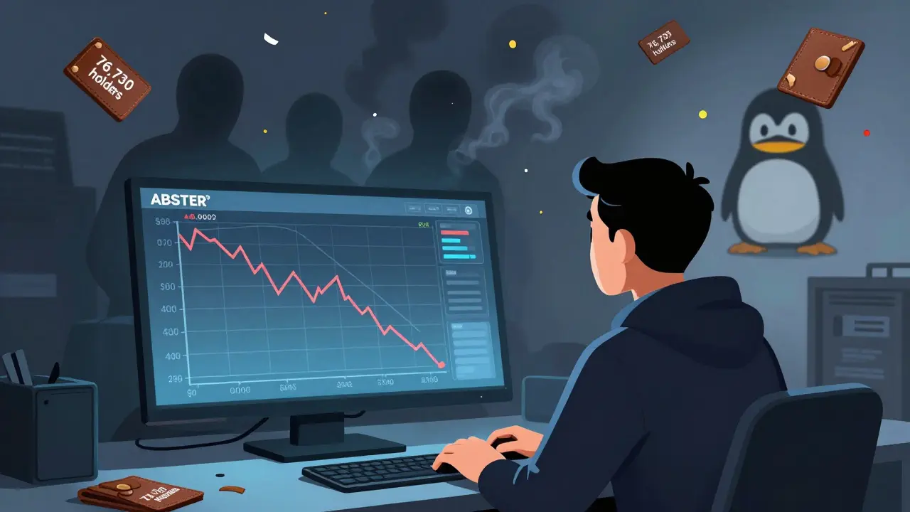 A trader staring at wild ABSTER price swings while a faceless team disappears into smoke behind them.