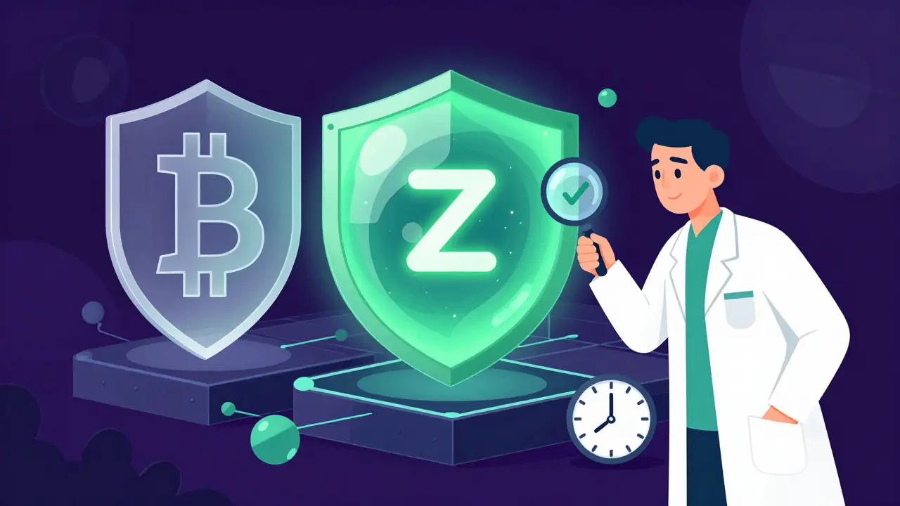 An encrypted Zcash transaction orb with a proof symbol, beside a transparent Bitcoin-style transaction.