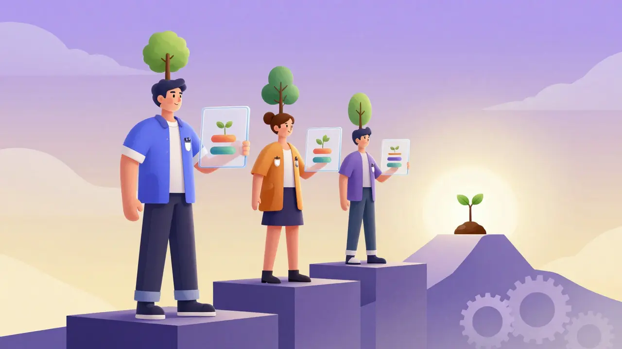 Avatars holding voting tablets near growing plant and horizon