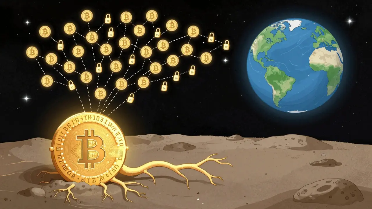 Bitcoin’s blockchain extends into space, anchoring locked Lunarbits tokens to a lunar storage capsule.