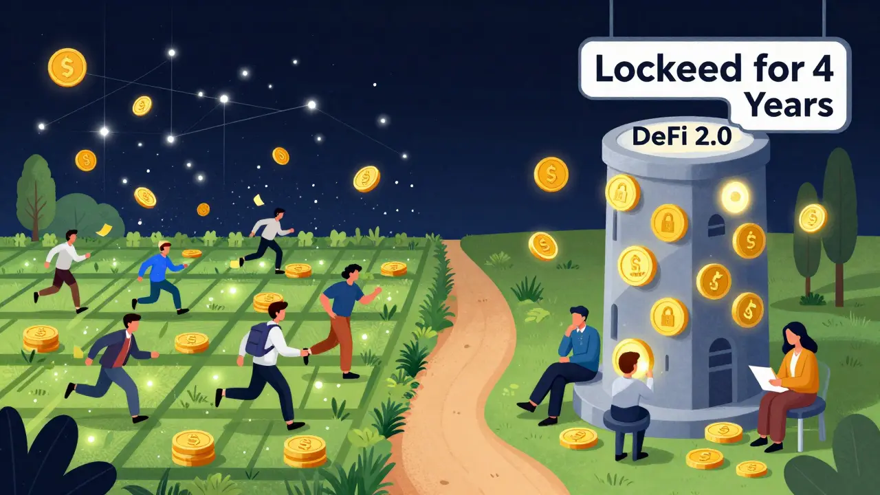 Contrast between chaotic short-term farming and steady long-term DeFi 2.0 with locked tokens.