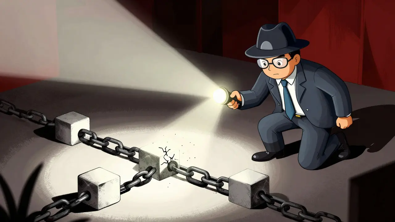 Detective inspecting blockchain links with a flashlight for errors.