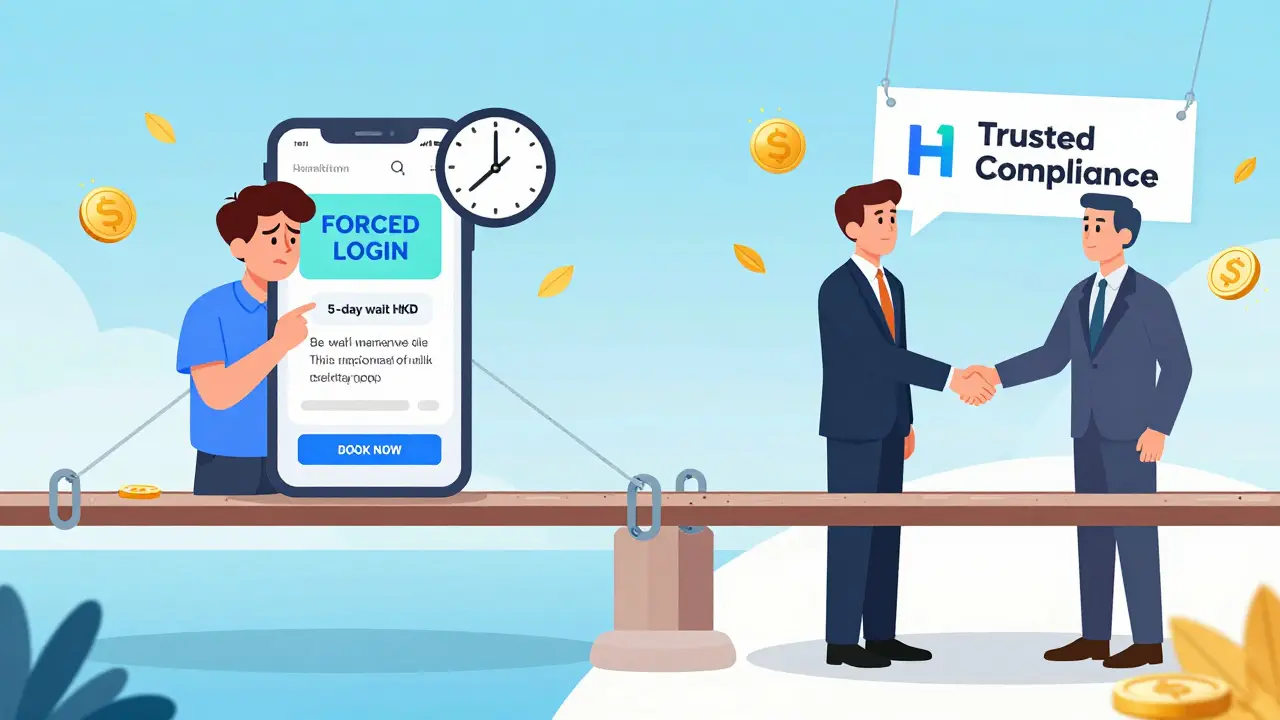 Frustrated retail user on one side of a blockchain bridge, professional investor on the other, representing HashKey's institutional focus.