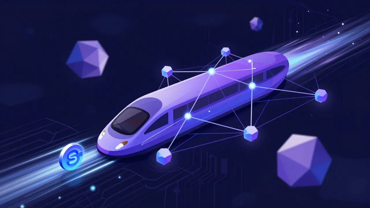 Glowing orbs moving through a blue digital network path.