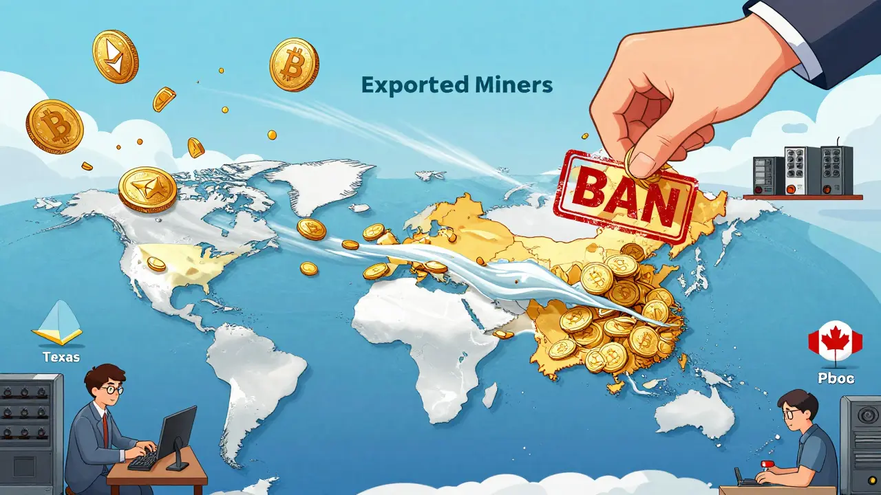 Golden digital yuan coins flow through China, while Bitcoin and Ethereum fragments are blown away by wind labeled 'Exported Miners' to Texas, Kazakhstan, and Canada.